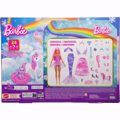 Детские куклы Barbie Advent Calendar with Doll & 24 Surprise Toy Accessories Including Unicorn & Pets, Transform Fashion Doll into Mermaid, Fairy & More — фото 5