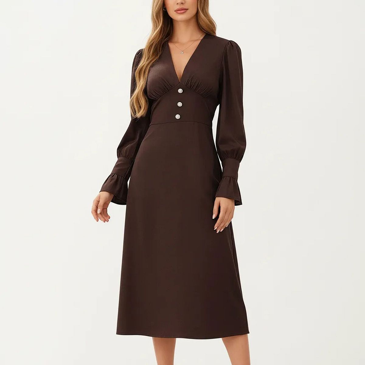 Anna-Kaci Long Sleeve V Neck Midi Dress with Button Detail and Flared Cuffs - thumbnail 2