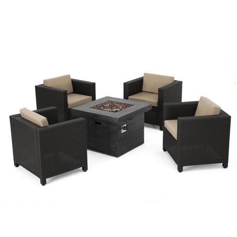 Puerta 5pc All Weather Wicker Patio Club Chairs with Firepit Brown Gray Christopher Knight Home