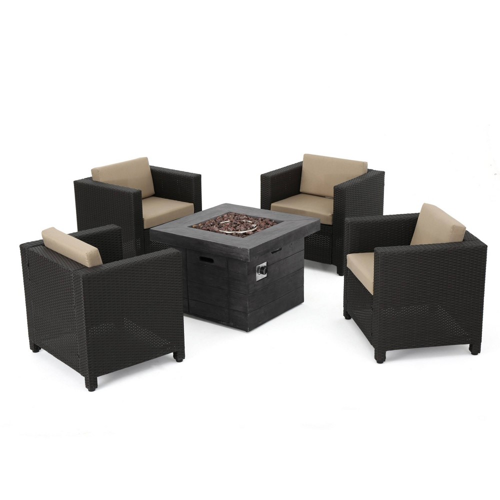 Photos - Garden Furniture Puerta 5pc All-Weather Wicker Patio Club Chairs with Firepit Brown/Gray 