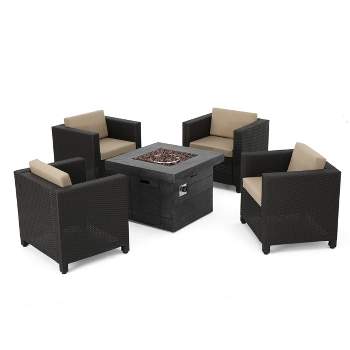 Puerta 5pc All-Weather Wicker Patio Club Chairs with Firepit Brown/Gray - Christopher Knight Home
