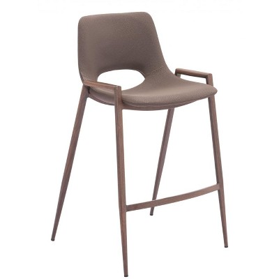 Faux‑Leather Counter Stool 35.6" H, Brown Walnut Finish with Steel Legs by Zuo Modern (Set of 2)