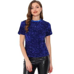 INSPIRE CHIC Women's Sequin Velvet Crew Neck Short Sleeve T-shirt - 1 of 4