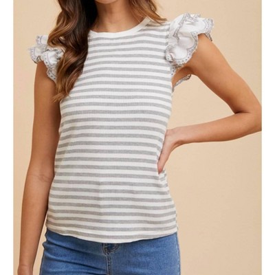 Women's Eyelet Double Ruffle Sleeve Stripe Knit Top - AnnieWear