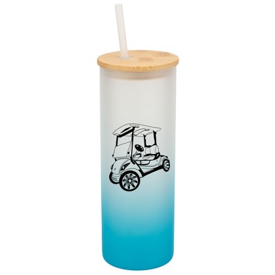 Elanze Designs Rolling Golf Cart Sky Blue Frosted Gradient Glass Tumbler with Bamboo Lid & Straw 25 ounce Reusable Iced Coffee or Water Cup