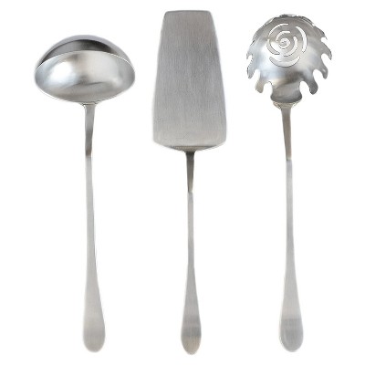 Knork 3 Piece Stainless Steel Dishwasher Safe Kitchen Flatware Serving Set with Soup Ladle, Pasta Server, and Casserole Server, Matte Silver