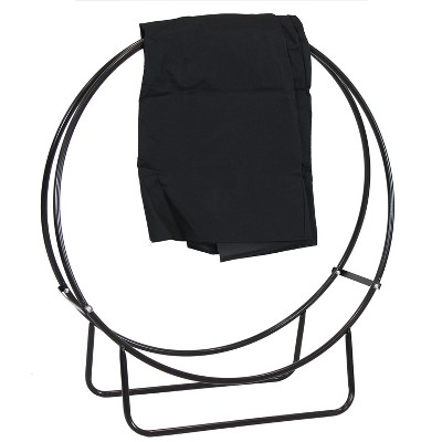 Sunnydaze Outdoor Heavy-Duty Steel Firewood Log Hoop Storage Rack with Weather-Resistant PVC Log Hoop Cover - 40" - Black