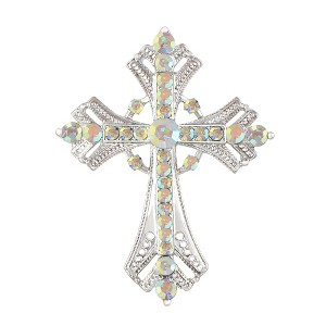 Anna-Kaci Silvery Tone Religious Cross Brooch Sparkling Aquamarine Blue or Victorian Clear Crystal Rhinestones - 1 of 4
