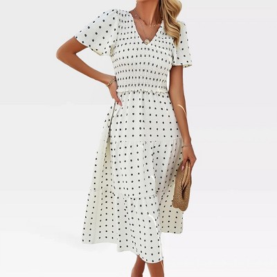 Womens Maxi Shirred Dress with Tiny Floral Embroidery V Neck Empire Waist Vintage Dress Flutter Short Sleeve Tiered Dress Elegant