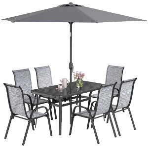 Outsunny 8 Piece Patio Furniture Set with Umbrella, Outdoor Dining Table and Chairs, 6 Chairs, Push Button Tilt and Crank Parasol, Glass Top - 1 of 4