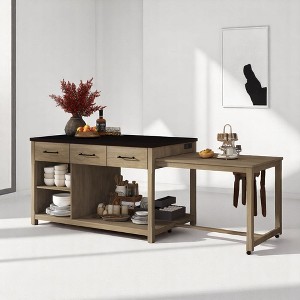 Extendable Kitchen Island with Hidden Pull-Out Counter,  Outlets, USB Ports, Drawers, Open Shelves, Retro Wood Kitchen Cart for Meal Prep, Dining Room - 1 of 4