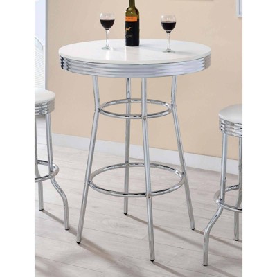 Contemporary Chrome and White Round Wood-Glass Bar Table