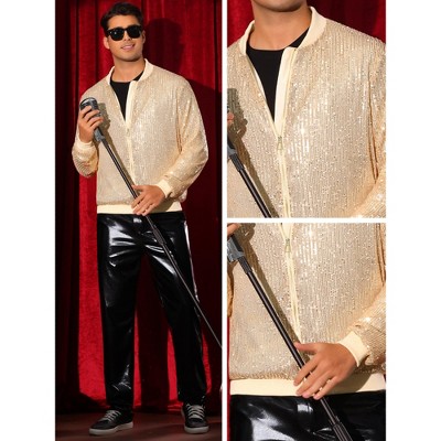 Lars Amadeus Men's 70s Disco Zipper Metallic Shiny Sequin Varsity Jacket Golden Small — фото 4