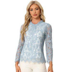 Allegra K Women's Lace Long Sleeve Keyhole Back Ruffle Neck Floral Blouse - 1 of 4