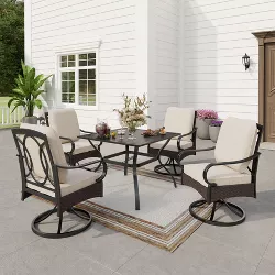 5pc Outdoor Dining Set with Swivel Chairs with Seat & Back Cushions & Square Metal Slat Table with 1.57" Umbrella Hole - Captiva Designs