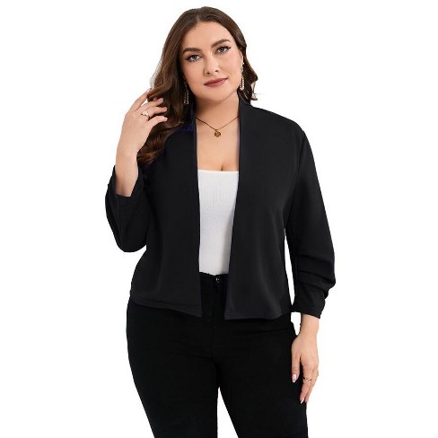 Whizmax Plus Size Blazer for Women 3/4 Sleeve Open Front Office Cropped  Blazer Jacket black 2XL