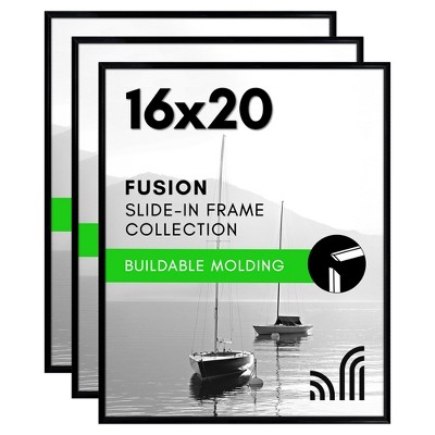 Americanflat 16x20 Picture Frame with Polished Front Cover - Set of 3 - Slide-In Photo Frame with Buildable Molding - Fusion Collection - Black