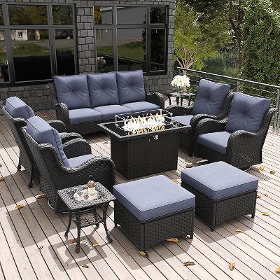 LayinSun Outdoor Patio Furniture Set, Black Rattan Wicker Sectional Swivel Rocker Chairs Sets with Ottomans, Swivel Glider Chair