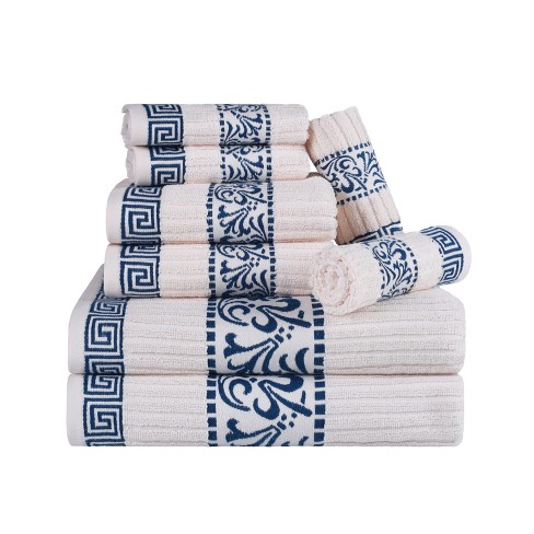 100% Cotton Medium Weight Floral Border Bath Towels (Set of 2), White-White  - Blue Nile Mills