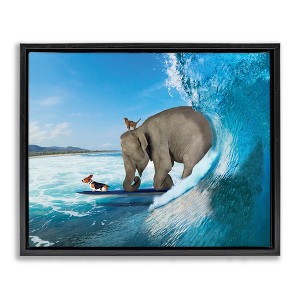 Stupell Industries Animals Riding Ocean Waves Surfing Elephant Cat Dog Floating Frame Canvas Art - 1 of 4