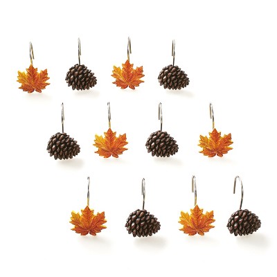 Lakeside Autumn Forest Shower Hooks with Pine Cones, Maple Leaves for Curtains - 12 Pcs.