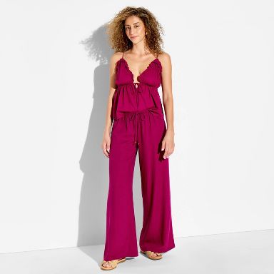 Women's Low-Rise Baggy Leg Linen Pull-On Pants - Wild Fable™ Berry Red XXS