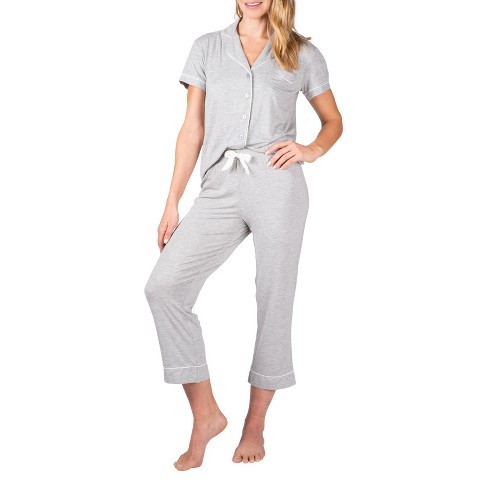 Blis Women's Notched Collar Short Sleeve Capri Pajama Set Heather Grey ...