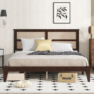 Platform Bed King Frame With Rattan Headboard, Platform Bed Storage With 2 Drawers, Wood Bed With Enhanced Support Salts And Feet-Cuddlewood - 1 of 4
