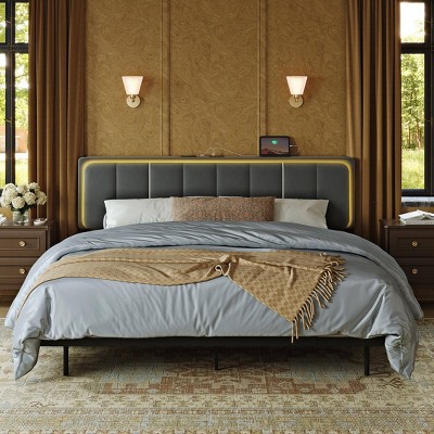 WOWLIVE Floating Bed Frame with Charging Station and LED Lights, Upholstered Platform Bed Frame with Adjustable Headboard and Under-Bed Storage