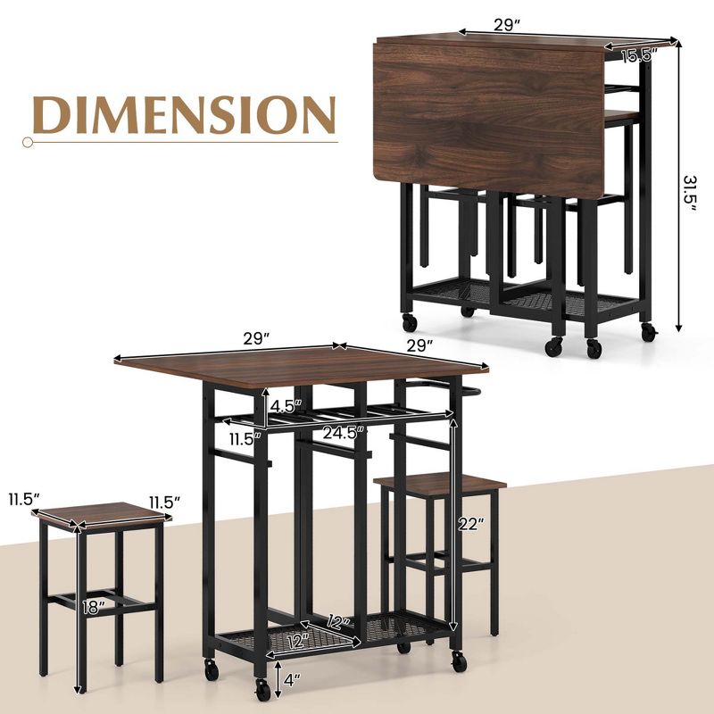 Costway 3 PCS Rolling Dining Table Set Extendable Kitchen Table 2 Stools with Wine Rack Rustic Brown/White, 3 of 11