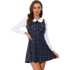 Allegra K Women's Plaid Peter Pan Collar Long Sleeve Mini A-Line Dress - 1 of 4