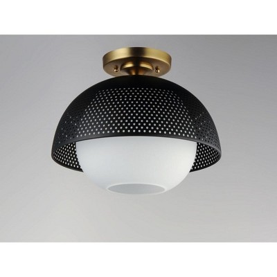 Matte Black and Satin Brass Globe Flush Mount with White Glass Shade