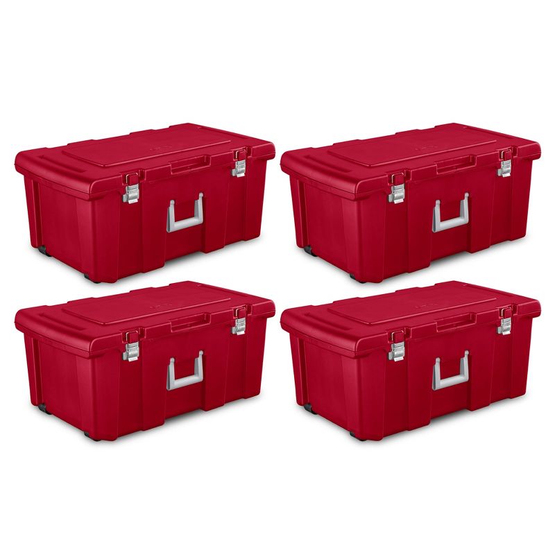 Sterilite 23 Gallon Lockable Storage Tote Footlocker Toolbox Container Box w/ Wheels, Handles, Metal Hinges, & Latches, Infra Red w/ Clips, 4 Pack, 1 of 7