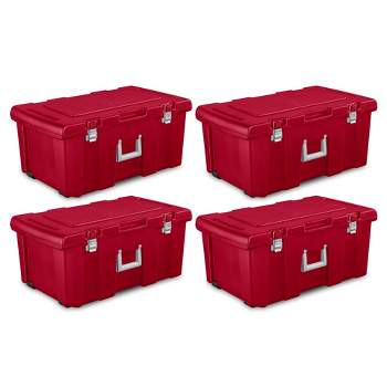 Sterilite 23 Gallon Lockable Storage Tote Footlocker Toolbox Container Box w/ Wheels, Handles, Metal Hinges, & Latches, Infra Red w/ Clips, 4 Pack