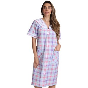Dreamcrest Womens Short Sleeve Duster, Seersucker Plaid Housecoat/Women Sleepwear Zip Front Nightgown - 1 of 3
