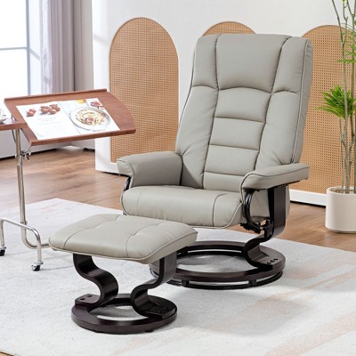 Gray Faux Leather Swivel Recliner with Ottoman and Wood Frame
