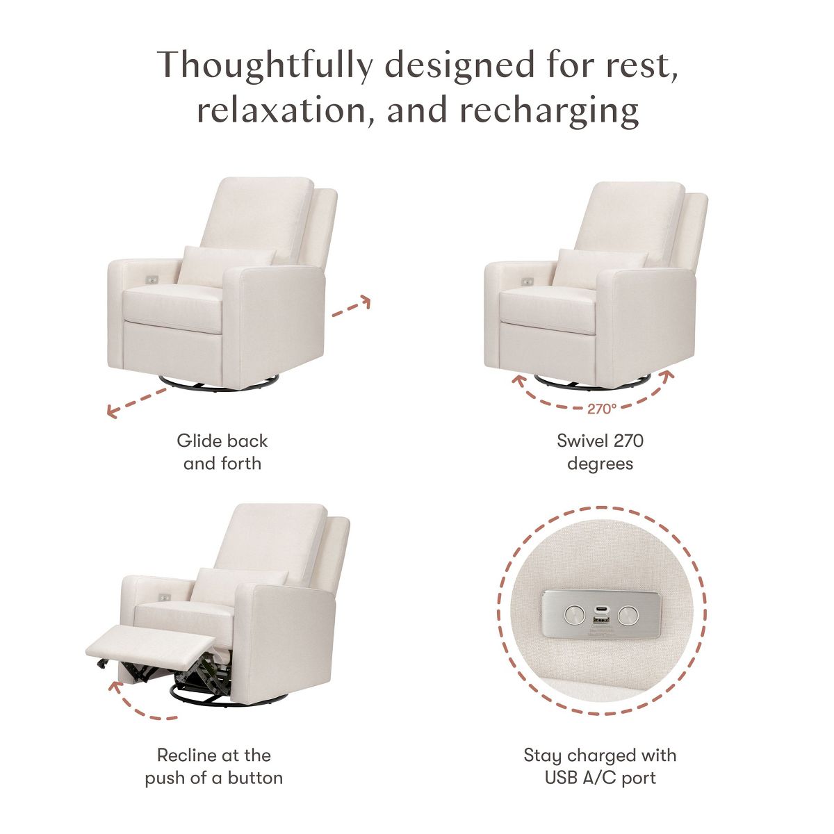 Babyletto Sigi Electronic Recliner and Swivel Glider with USB port - Performance Cream Eco-Weave - thumbnail 6