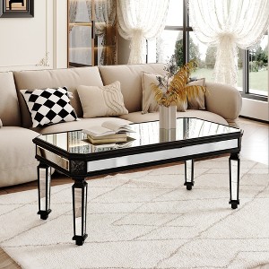 Gulches 48" Silver Mirrored Rectangle Coffee Table - Black Vintage Carved Wooden Legs, Glass Tea Table with Mirrored Finish, Modern Center Table - 1 of 4