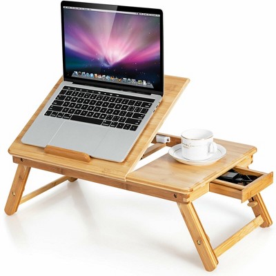 Costway Bamboo Laptop Desk Adjustable Folding Bed Tray w/Drawer Heat Dissipation Natural