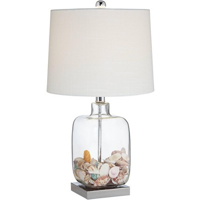 360 Lighting Coastal Modern Style Accent Table Lamp with Table Top Dimmer Clear Glass White Fabric Drum Living Room Bedroom House