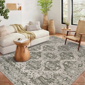 Area Rug Retro Boho Pattern Washable Ultra-Thin Non Slip Living Room Dining Bedroom & Office Dark Green - 1 of 4