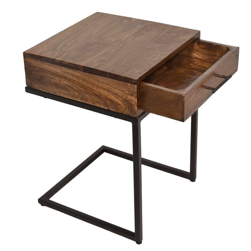 Mango Wood Side Table with Drawer and Cantilever Iron Base Brown/Black - The Urban Port, 3 of 11