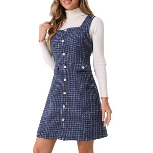 Allegra K Women's Tweed Sleeveless Square Neck Button Up A-Line Pinafore Overall Dress - 1 of 4