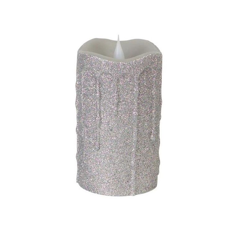 Melrose 5.25" Glittered Flameless LED Lighted Christmas Pillar Candle - Silver, 1 of 3
