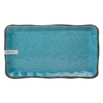 tagltd 17L in. x 10.75W in. Veranda Cracked Glaze Solid Wavy Edge Melamine Serving Platter Indoor Outdoor Rectangle Ocean Blue