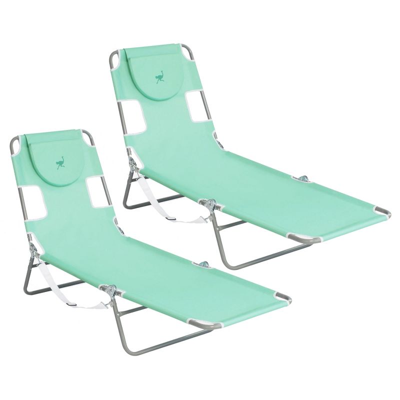 Ostrich Chaise Lounge Outdoor Portable Folding 4 Position Recliner Chair for Beach, Patio, Camp, and Pool with Carrying Strap, Teal (2 Pack), 1 of 7