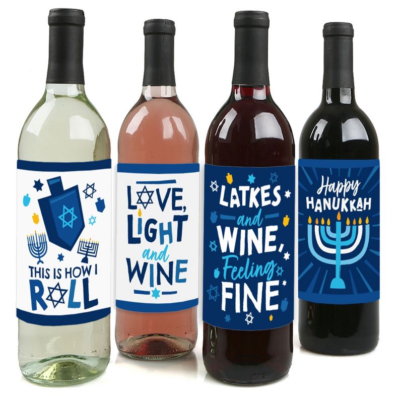 Big Dot of Happiness Hanukkah Menorah - Chanukah Holiday Party Decorations for Women and Men - Wine Bottle Label Stickers - Set of 4, 1 of 9