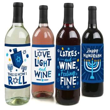 Big Dot of Happiness Hanukkah Menorah - Chanukah Holiday Party Decorations for Women and Men - Wine Bottle Label Stickers - Set of 4