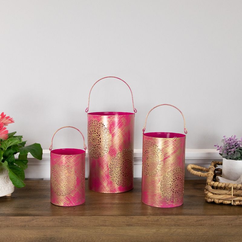 Northlight Set of 3 Fuchsia Pink and Gold Floral Laser-Cut Pillar Candle Lanterns, 3 of 7