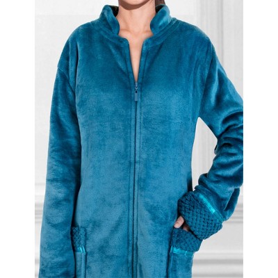 Blue Microfiber Fleece Long Sleeve Zip Robe with Pockets